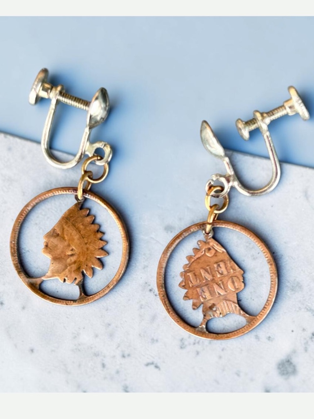 Vintage 1950’s Hand Cut Indian Head Penny Screw-back Earrings